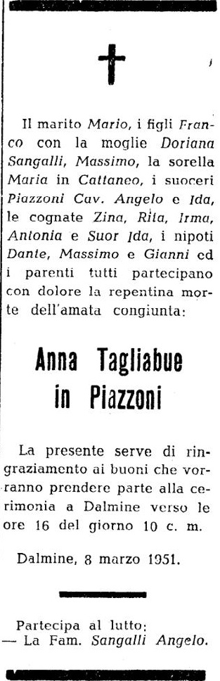 Annuncio Eco Bergamo Anna Tagliabue in Piazzoni