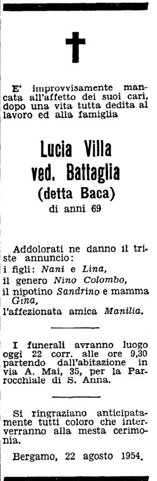 Annuncio Eco Bergamo Lucia Villa ved. Battaglia (detta Baca)