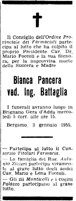 Annuncio Eco Bergamo Bianca Pancera ved. Ing. Battaglia
