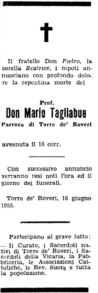 Annuncio Eco Bergamo Prof. Don Mario Tagliabue Parroco di Torre de' Roveri