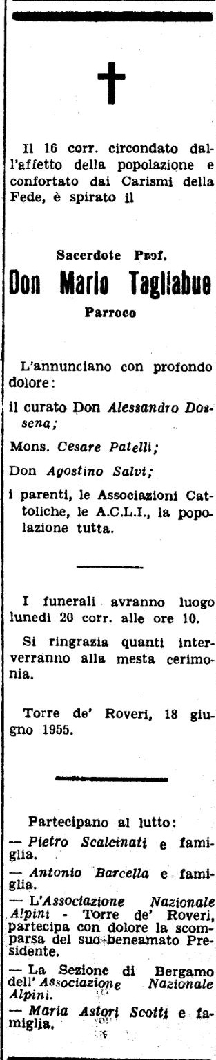 Annuncio Eco Bergamo Don Sacerdote Prof. Mario Tagliabue Parroco