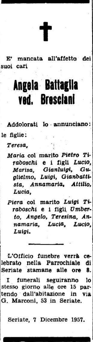 Annuncio Eco Bergamo Angela Battaglia ved. Bresciani