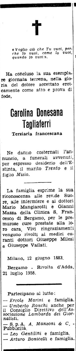 Annuncio Eco Bergamo Carolina Donesana Tagliaferri
