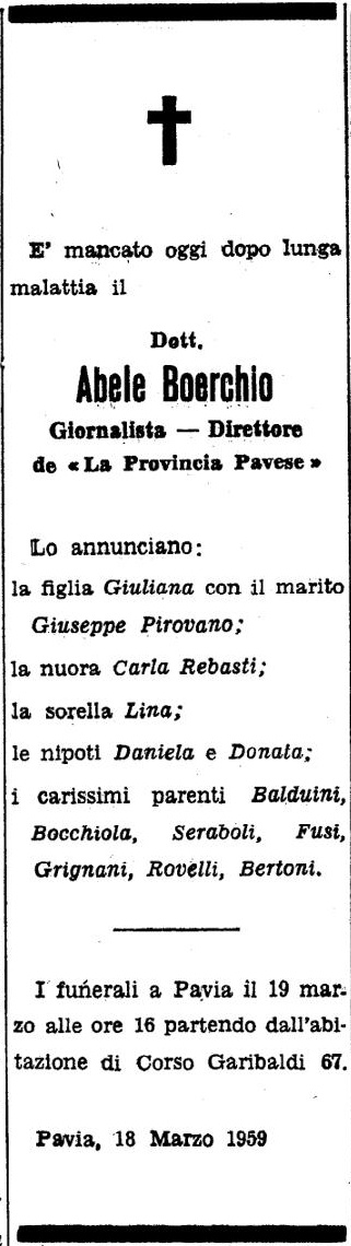 Annuncio Eco Bergamo Dott. Abele Boerchio Giornalista Direttore de « La Provincia Pavese »