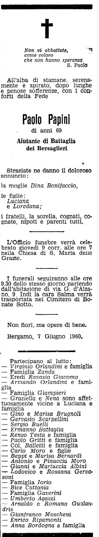 Annuncio Eco Bergamo Paolo Papini Aiutante di Battaglia dei Bersaglieri