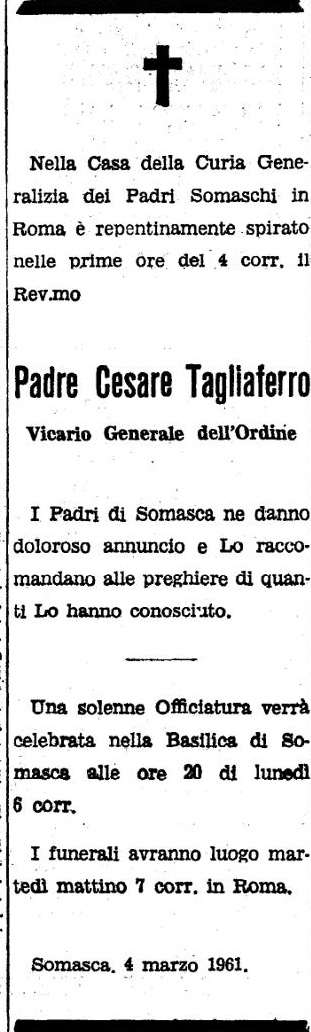 Annuncio Eco Bergamo Padre Cesare Tagliaferro Vicario Generale dell'Ordine