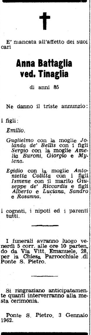 Annuncio Eco Bergamo Anna Battaglia ved. Tinaglia