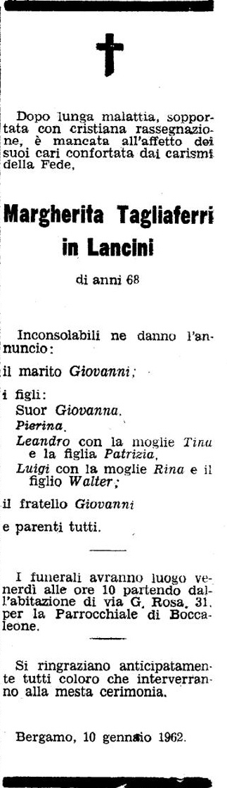 Annuncio Eco Bergamo Margherita Tagliaferri in Lancini
