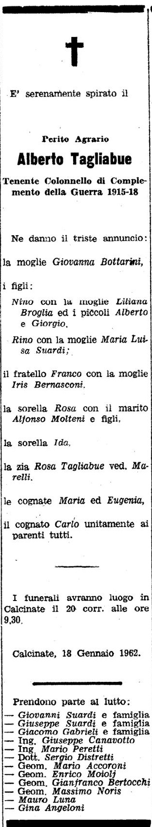 Annuncio Eco Bergamo Perito Agrario Alberto Tagliabue Tenente Colonnello di Complemento della Guerra 1915-18