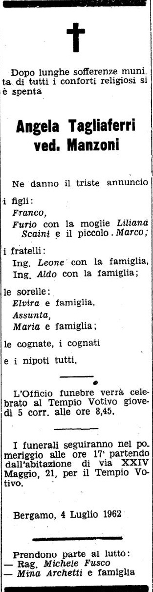 Annuncio Eco Bergamo Angela Tagliaferri ved. Manzoni