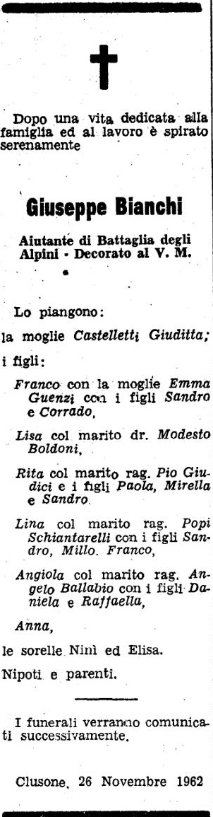 Annuncio Eco Bergamo Giuseppe Bianchi Aiutante di Battaglia degli Alpini Decorato al V. M.