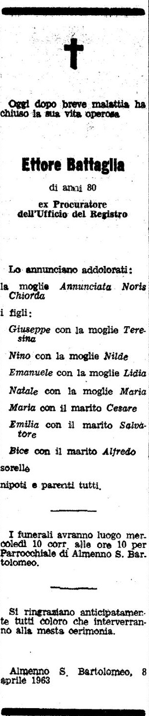 Annuncio Eco Bergamo Ettore Battaglia ex Procuratore dell'Ufficio del Registro
