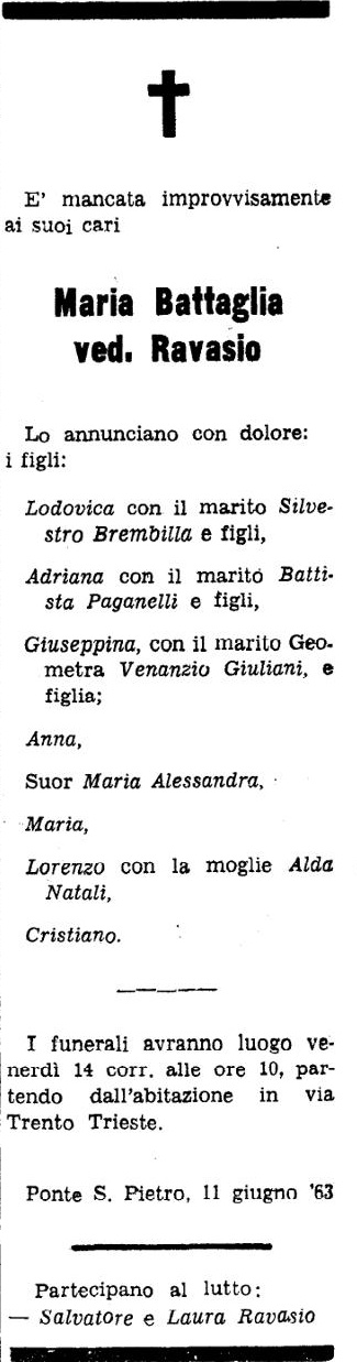 Annuncio Eco Bergamo Maria Battaglia ved. Ravasio