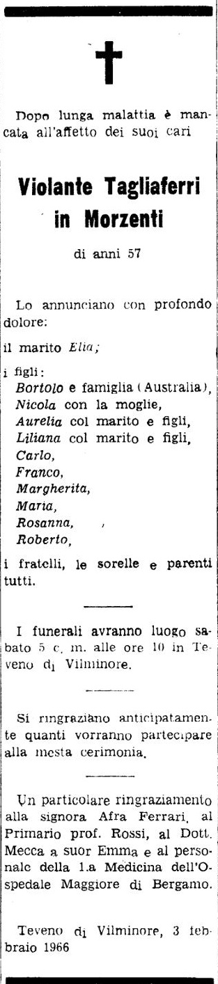 Annuncio Eco Bergamo Violante Tagliaferri in Morzenti