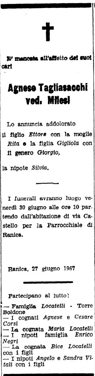 Annuncio Eco Bergamo Agnese Tagliasacchi ved. Milesi