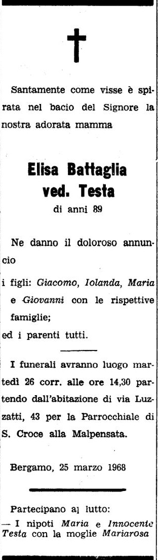 Annuncio Eco Bergamo Elisa Battaglia ved. Testa