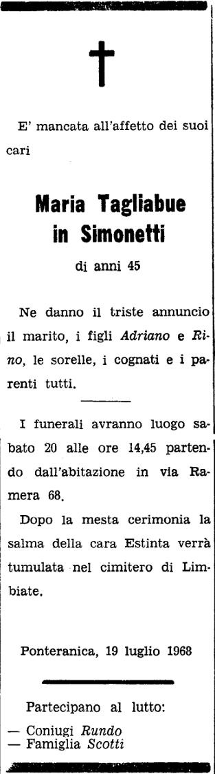 Annuncio Eco Bergamo Maria Tagliabue in Simonetti