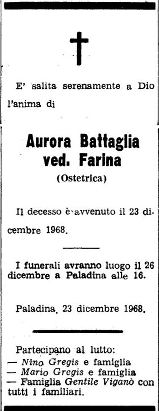 Annuncio Eco Bergamo Aurora Battaglia ved. Farina (Ostetrica)