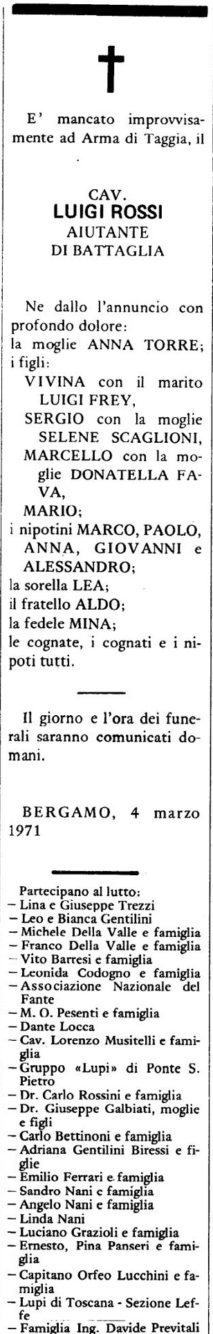 Annuncio Eco Bergamo CAV. LUIGI ROSSI AIUTANTE DI BATTAGLIA