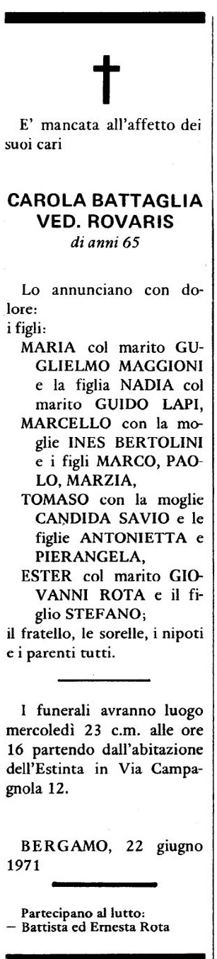 Annuncio Eco Bergamo CAROLA BATTAGLIA VED. ROVARIS