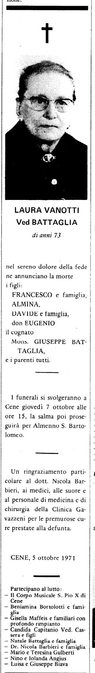 Annuncio Eco Bergamo LAURA VANOTTI Ved BATTAGLIA