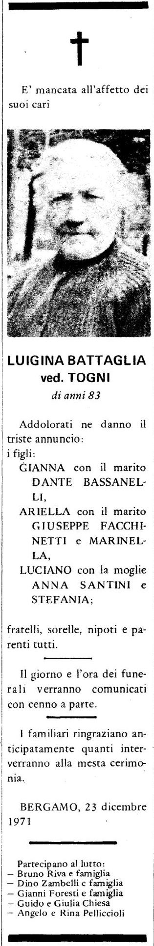 Annuncio Eco Bergamo LUIGINA BATTAGLIA ved. TOGNI