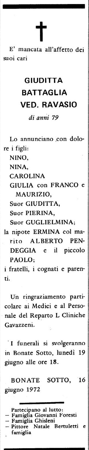 Annuncio Eco Bergamo GIUDITTA BATTAGLIA VED. RAVASIO