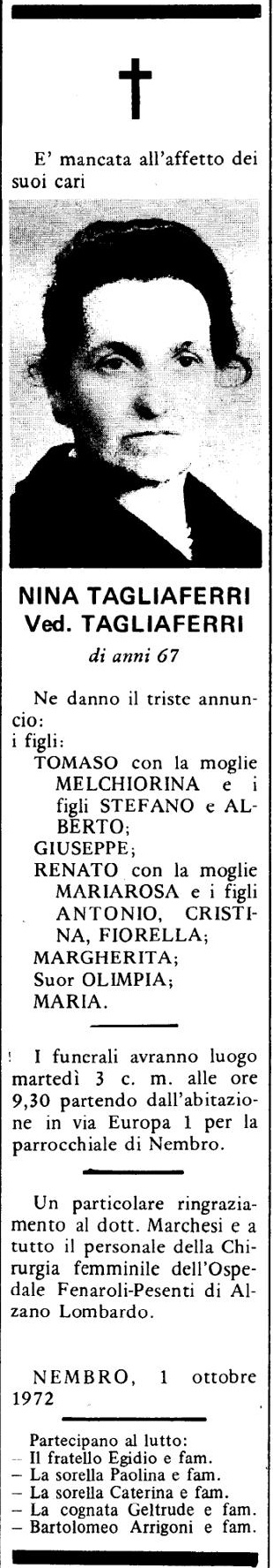 Annuncio Eco Bergamo NINA TAGLIAFERRI Ved. TAGLIAFERRI