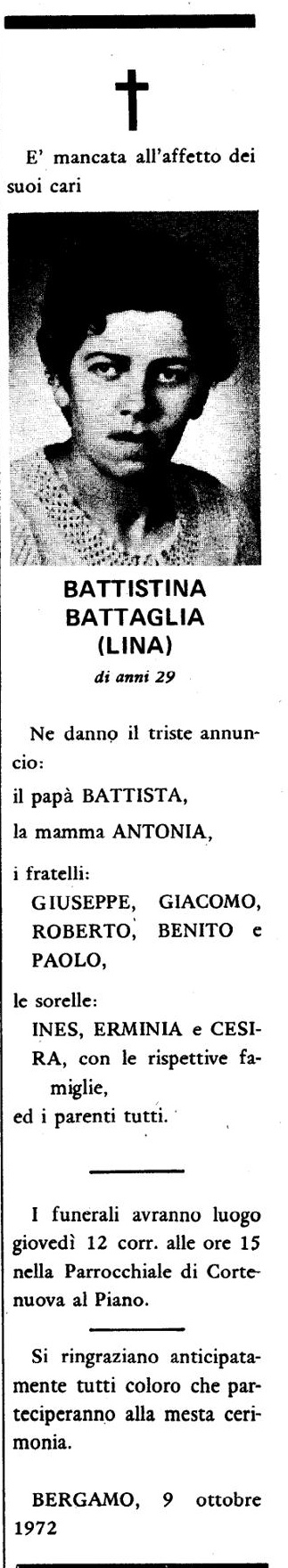 Annuncio Eco Bergamo BATTISTINA BATTAGLIA (LINA)