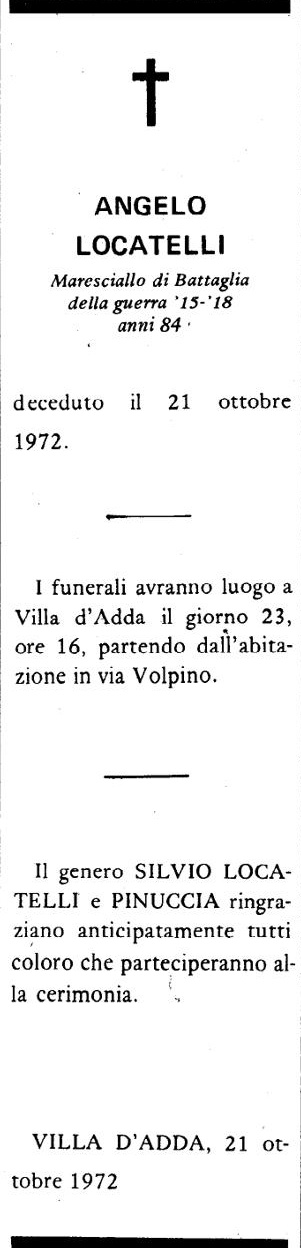 Annuncio Eco Bergamo ANGELO LOCATELLI Maresciallo di Battaglia della guerra 15-'18 anni 84.