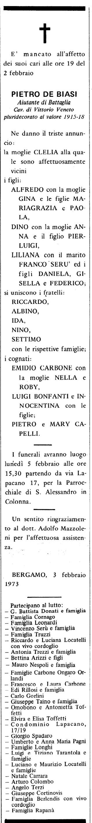 Annuncio Eco Bergamo PIETRO DE BIASI Aiutante di Battaglia Cav. di Vittorio Veneto pluridecorato al valore 1915-18