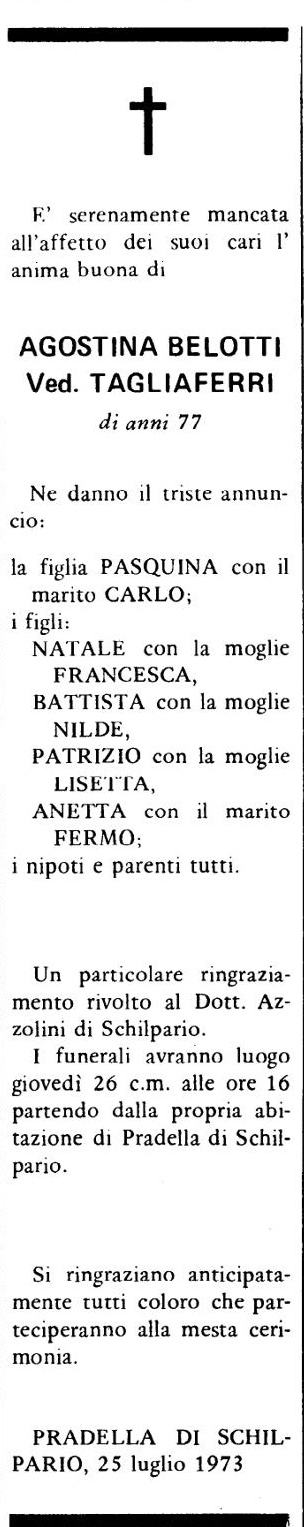 Annuncio Eco Bergamo AGOSTINA BELOTTI Ved. TAGLIAFERRI
