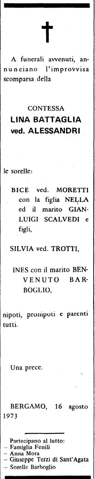 Annuncio Eco Bergamo CONTESSA LINA BATTAGLIA ved. ALESSANDRI