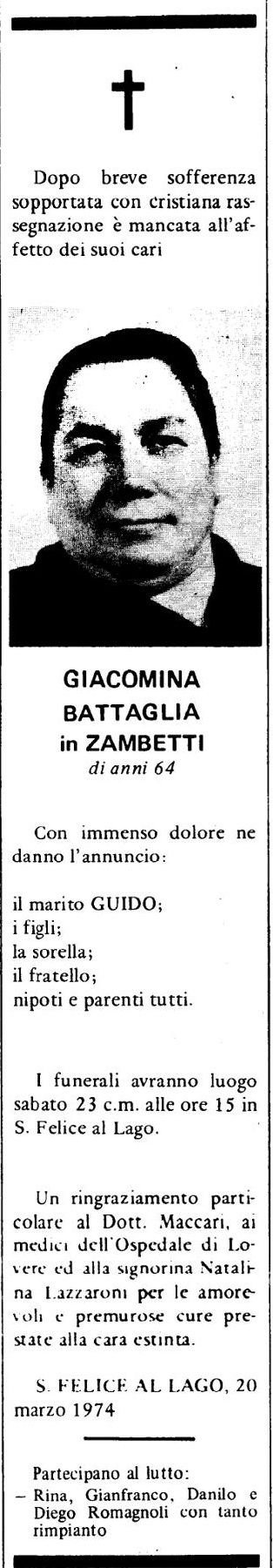Annuncio Eco Bergamo GIACOMINA BATTAGLIA in ZAMBETTI