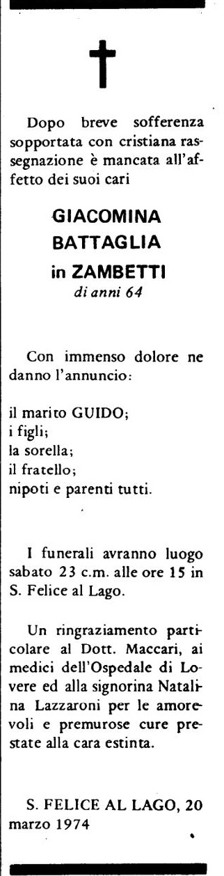 Annuncio Eco Bergamo GIACOMINA BATTAGLIA in ZAMBETTI di anni 64