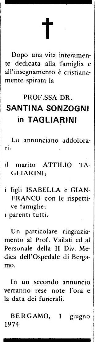 Annuncio Eco Bergamo PROF.SSA DR. SANTINA SONZOGNI in TAGLIARINI