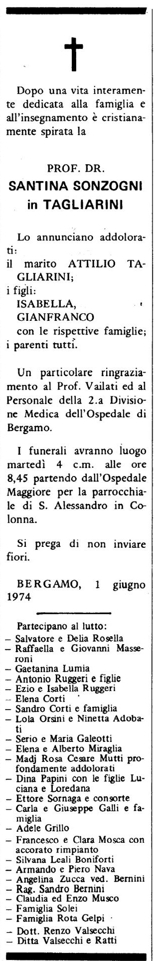 Annuncio Eco Bergamo PROF. DR. SANTINA SONZOGNI in TAGLIARINI