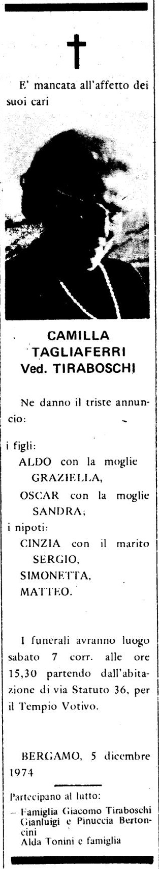 Annuncio Eco Bergamo CAMILLA TAGLIAFERRI Ved. TIRABOSCHI
