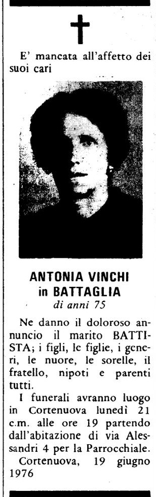 Annuncio Eco Bergamo ANTONIA VINCHI in BATTAGLIA
