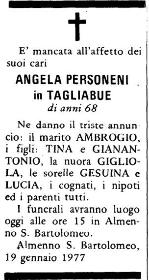 Annuncio Eco Bergamo ANGELA PERSONENI in TAGLIABUE