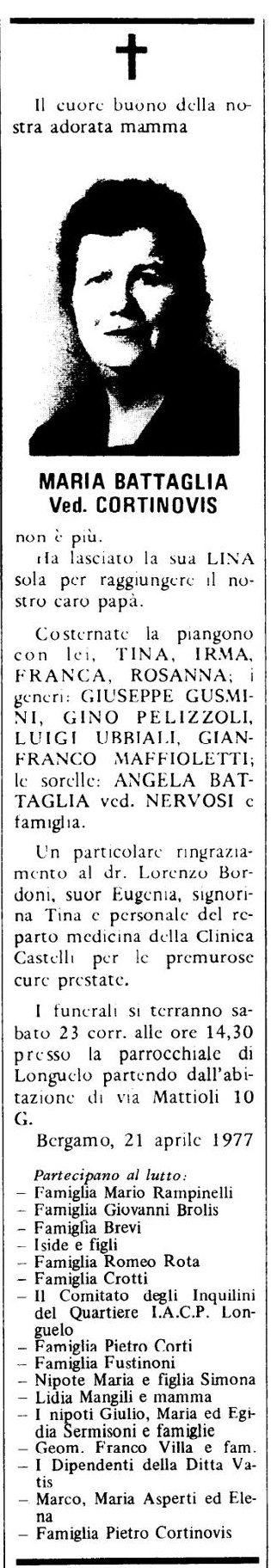 Annuncio Eco Bergamo MARIA BATTAGLIA Ved. CORTINOVIS