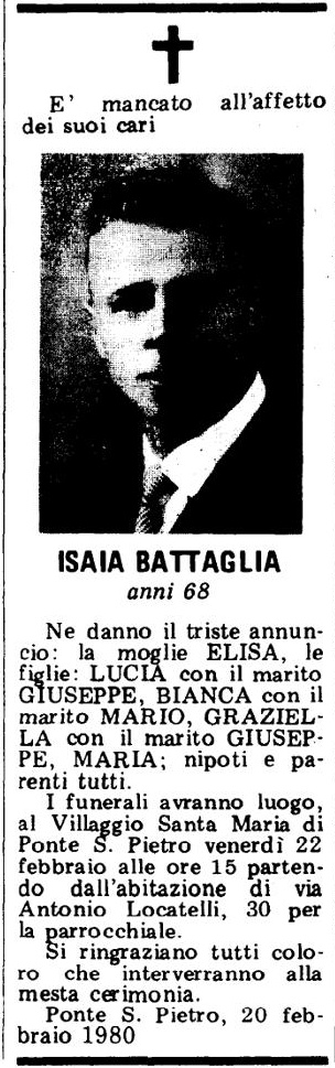 Annuncio Eco Bergamo ISAIA BATTAGLIA