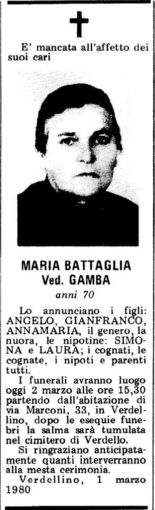 Annuncio Eco Bergamo MARIA BATTAGLIA Ved. GAMBA