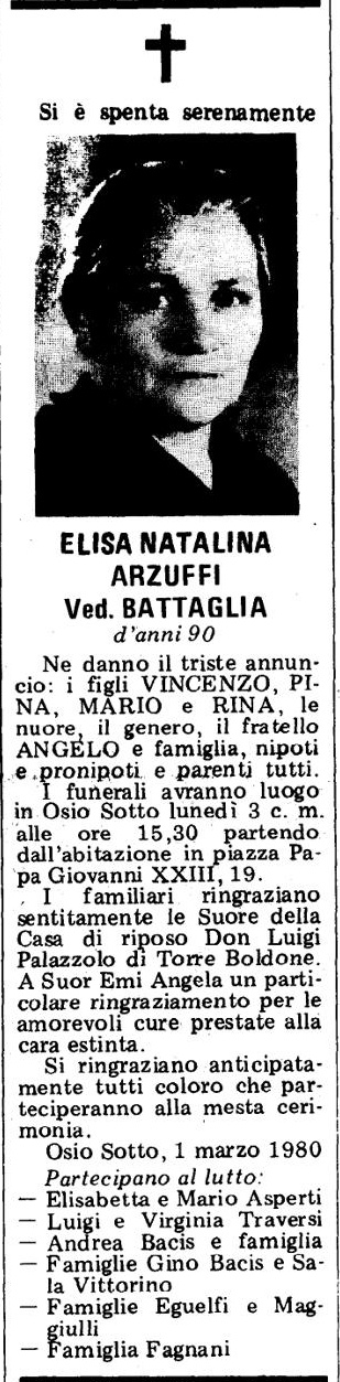 Annuncio Eco Bergamo ELISA NATALINA ARZUFFI Ved. BATTAGLIA