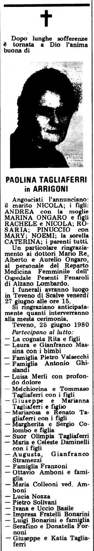Annuncio Eco Bergamo PAOLINA TAGLIAFERRI in ARRIGONI