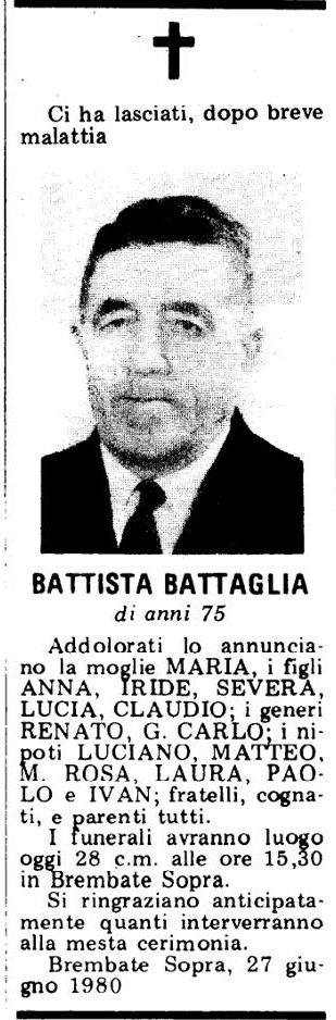 Annuncio Eco Bergamo BATTISTA BATTAGLIA