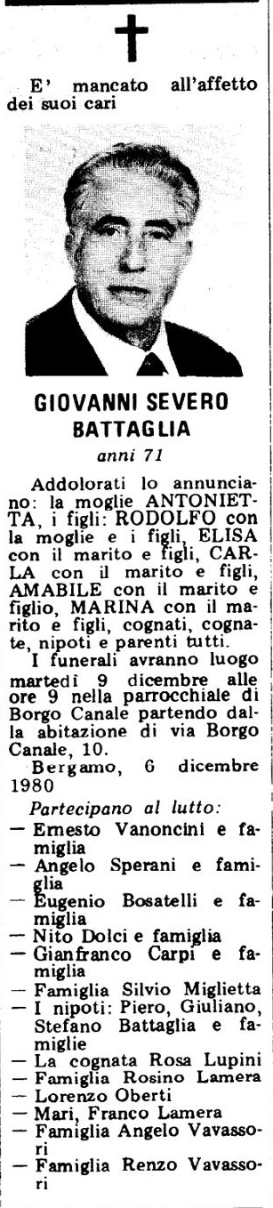 Annuncio Eco Bergamo GIOVANNI SEVERO BATTAGLIA