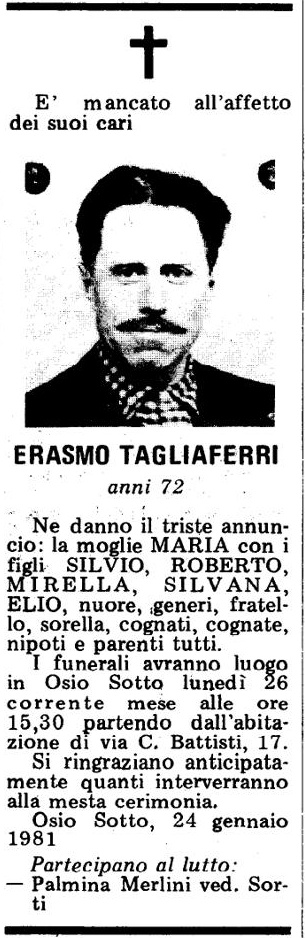 Annuncio Eco Bergamo ERASMO TAGLIAFERRI