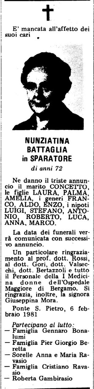 Annuncio Eco Bergamo NUNZIATINA BATTAGLIA in SPARATORE