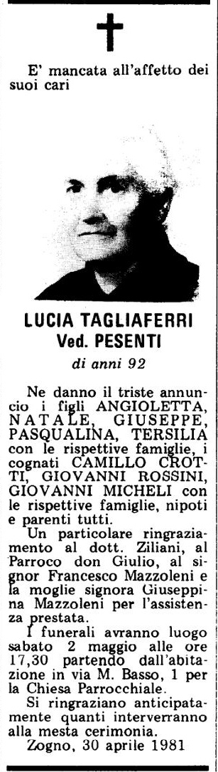 Annuncio Eco Bergamo LUCIA TAGLIAFERRI Ved. PESENTI